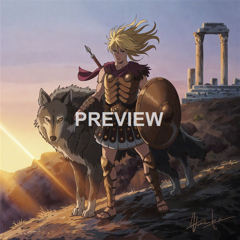 An illustrated depiction of a warrior woman with long, flowing blonde hair, dressed in armor, holding a shield, standing beside a large wolf, with ancient ruins and a sunset in the background.